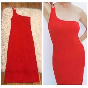 ZARA Cable Knit Bright Red One Shoulder Double Straps Bodycon Midi Dresss size S